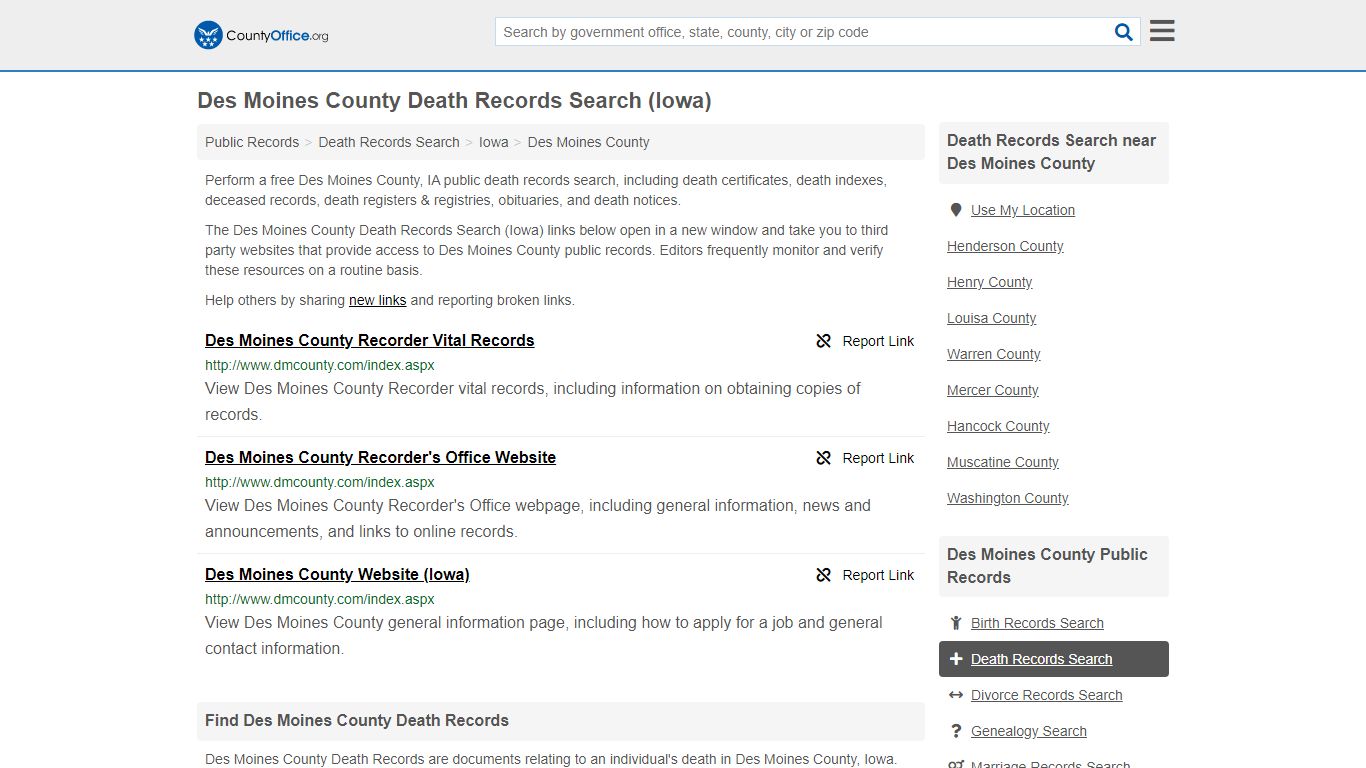 Death Records Search - Des Moines County, IA (Death ...